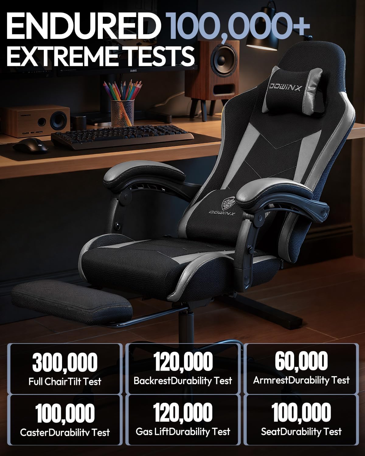 Gaming Chair with Footrest, Ergonomic 330lbs Leather Mesh Chair, Massage Lumbar Support, Adjustable Height & Headrest Pillow, Breathable Seat for Office, Home, Streaming, Long Gaming Sessions, Onyx
