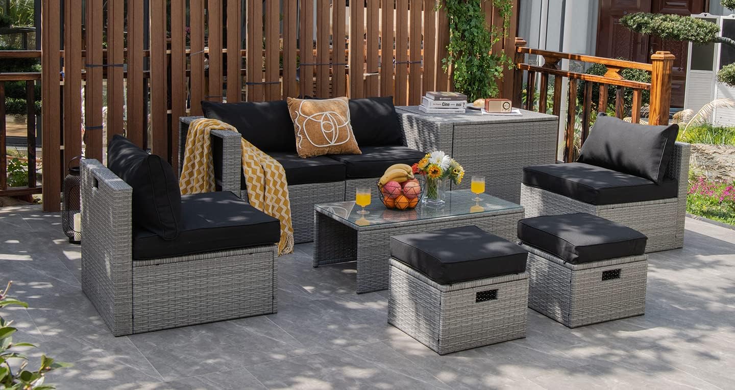 Tangkula 8 Piece Patio Wicker Furniture Set, Patiojoy Space Saving Outdoor PE Rattan Conversation Set with Storage Box & Waterproof Cover, Coffee Table, 2 Ottomans, 2 Armless Sofas & 2 Corner Sofas