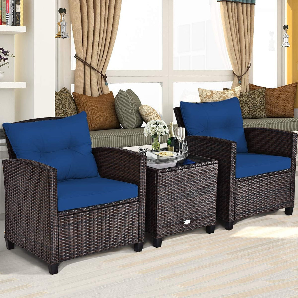 RELAX4LIFE 3 Piece Patio Furniture Set, Wicker Bistro Conversation Set w/ 2 Cushioned Armchairs & Glass Topped Table, Outdoor Rattan Sofa Set Patio Furniture for Porch Balcony Poolside (Navy Blue)