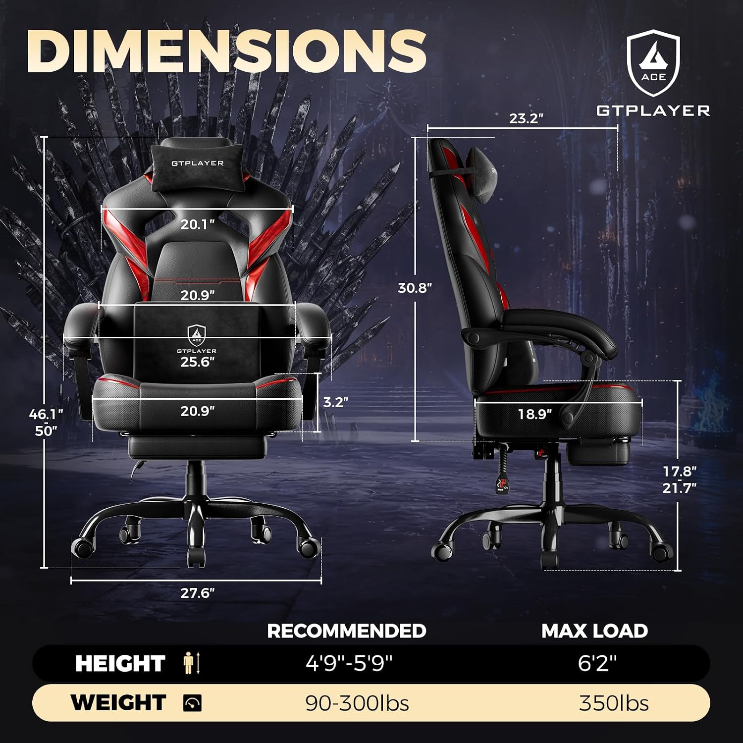 GTPLAYER Big and Tall Gaming Chair for Adults, Ergonomic Office Chair with Footrest, Heavy Duty 350 lbs Capacity, High Back, Premium Leather & Iridescent Trim, ACE-Armor, Black & Red