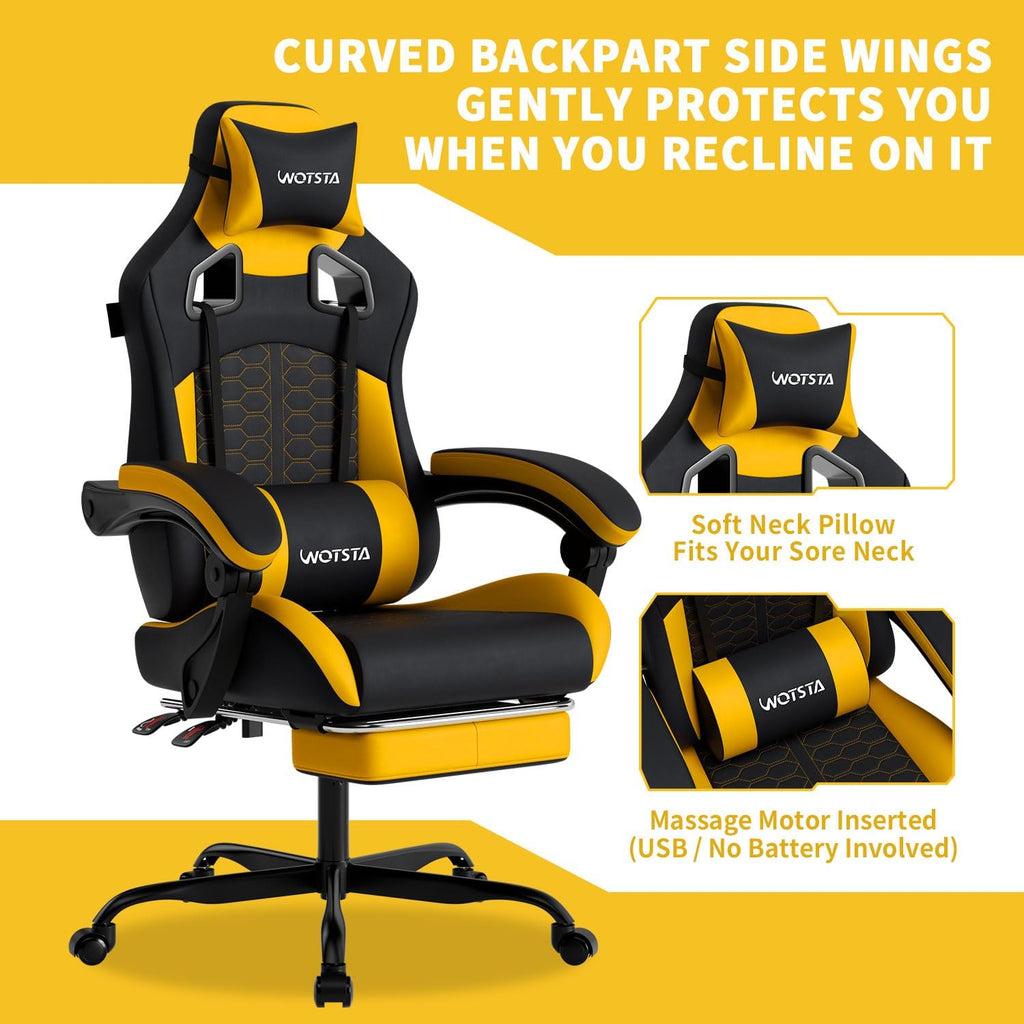Gaming Chair with Massage,Ergonomic PC Gaming Chair with Footrest Comfortable Headrest and Lumbar Support,High Back Game Chair PVC Leather,300LBS (BlackYellow)