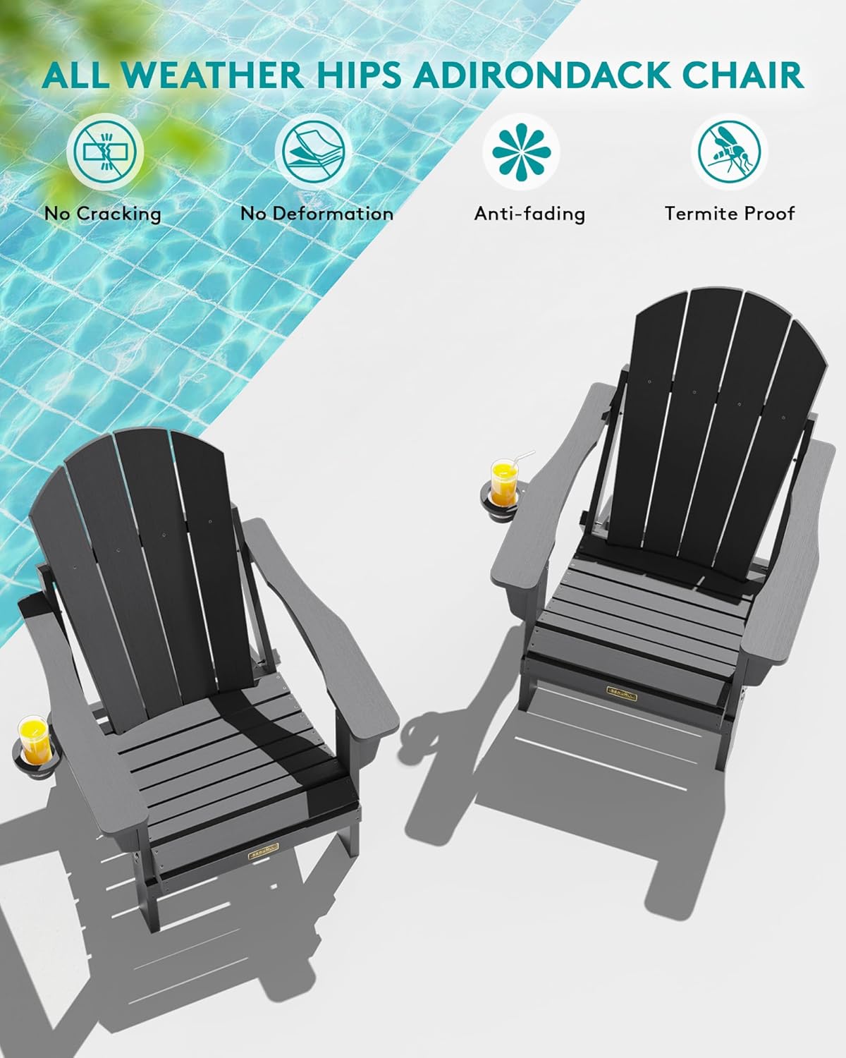 SERWALL Folding Adirondack Chair with Cup Holder Set of 2, All Weather Adirondack Chairs, Fire Pit Chairs for Patio Garden Outdoors Fire Pit - Gray