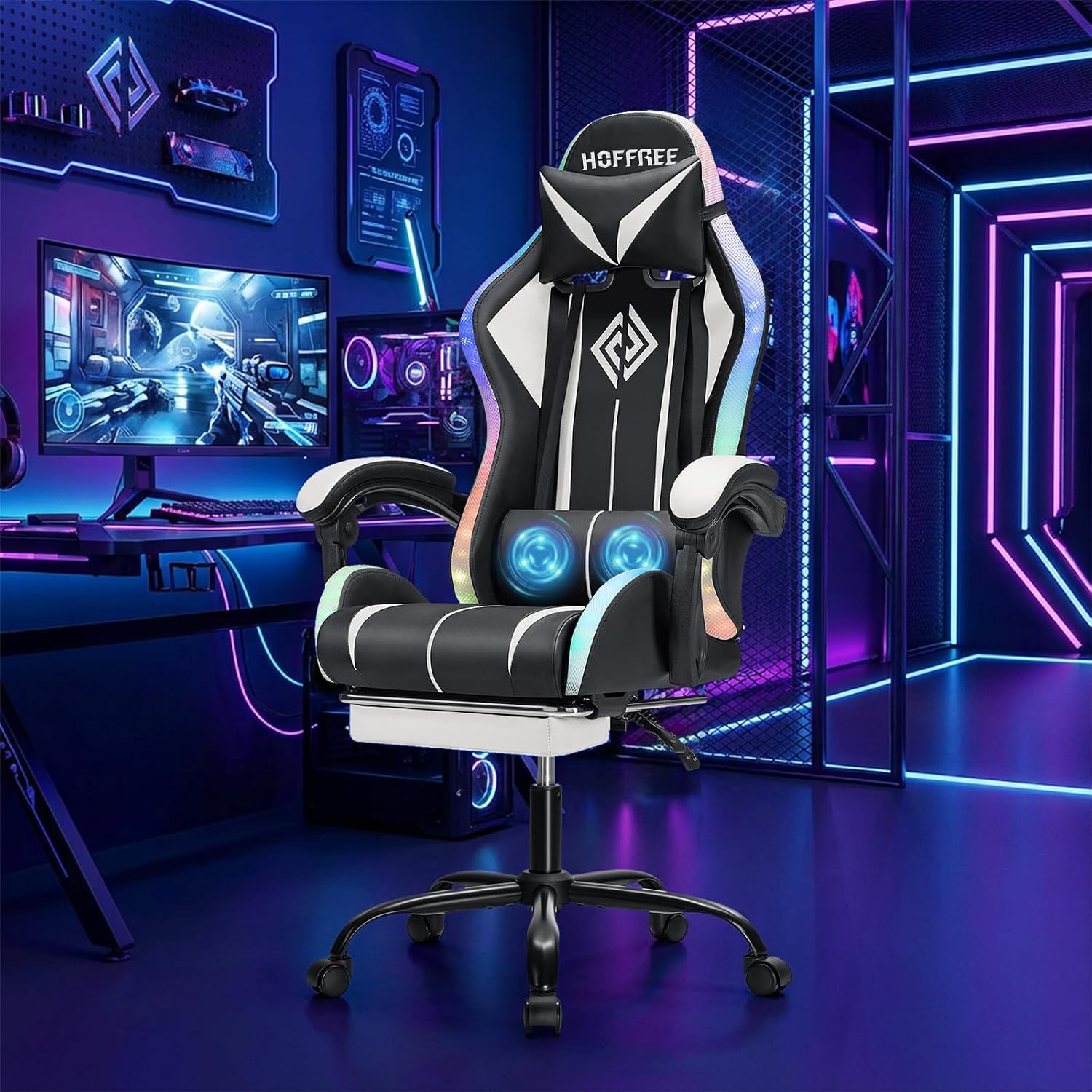 RGB Gaming Chair with LED Lights Massage Ergonomic Computer Gaming Chair High Back Video Game Chair with Footrest and Adjustable Lumbar Support Linkage Armrest Gamer Chairs for Adults White and Black