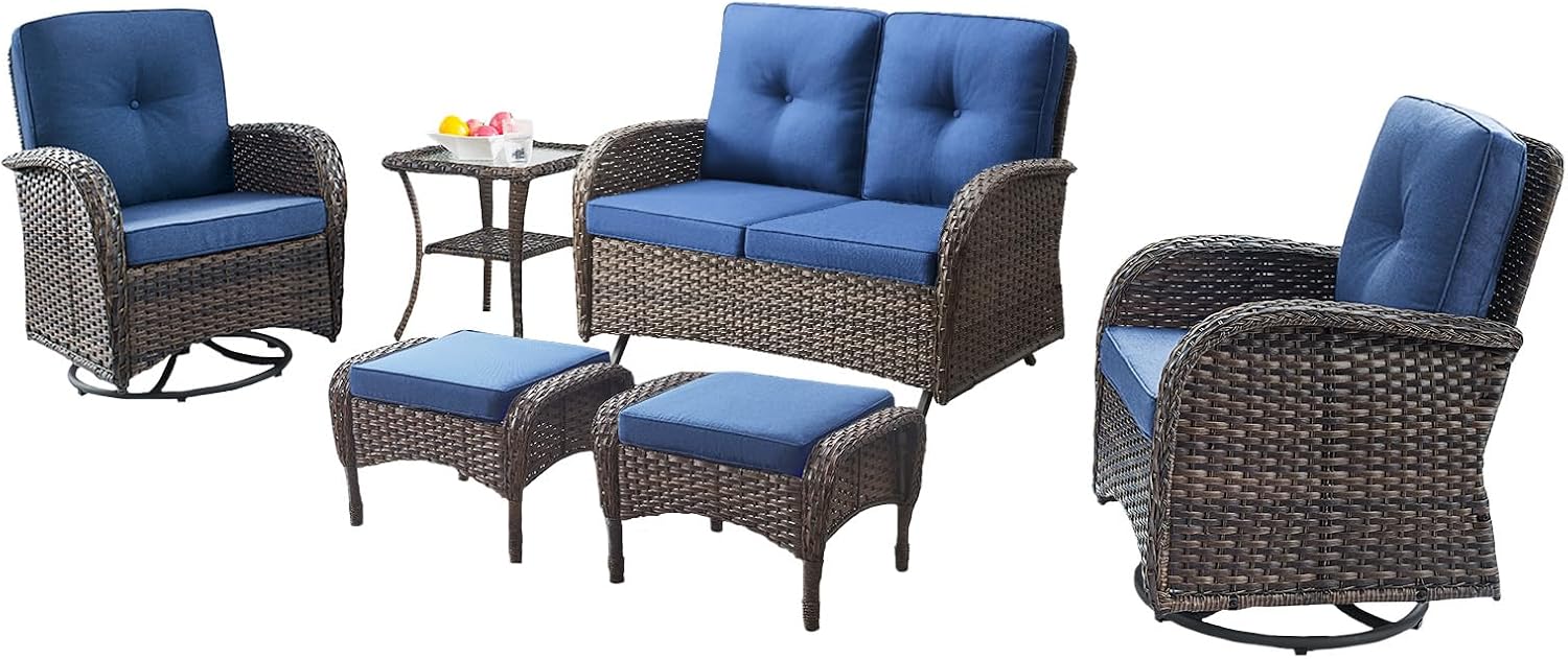 Belord 6 Piece Patio Conversation Sets - Wicker Patio Furniture Sets with Outdoor Swivel Rocker Chairs, Glider Loveseat Perfect for Patio Deck Backyard, Brown Wicker Blue Cushion