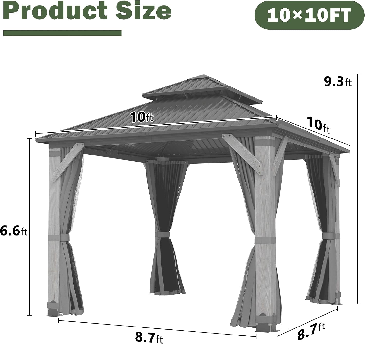 10x10FT Hardtop Wood Gazebo, Outdoor Gazebo with Cedar Wooden Pillar & Double Metal Roof - Weather-Resistant Gazebos Pavilion for Patio, Garden, Backyard (w/Netting & Gray Curtains)