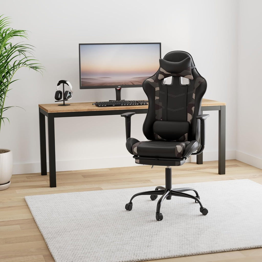 Gaming Chair Racing Office Chair Ergonomic Desk Chair Massage PU Leather Recliner PC Computer Chair with Lumbar Support Headrest Armrest Footrest Rolling Swivel Task Chair for Women Adults, Camo