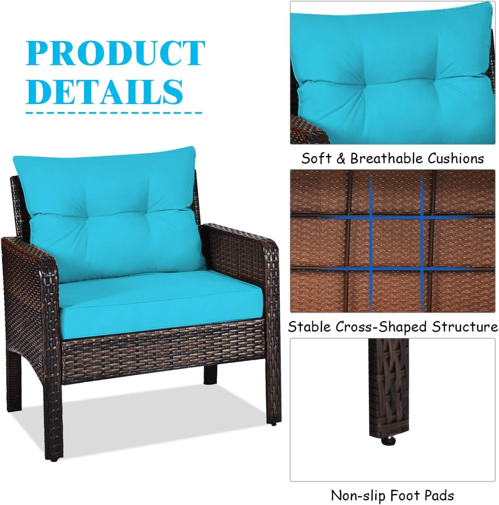 Tangkula 3 Piece Wicker Chairs with Glass Top Coffee Table, Thick Cushions, All Weather Garden Lawn Poolside Backyard Porch Outdoor Patio Furniture Set for 2 (Turquoise)