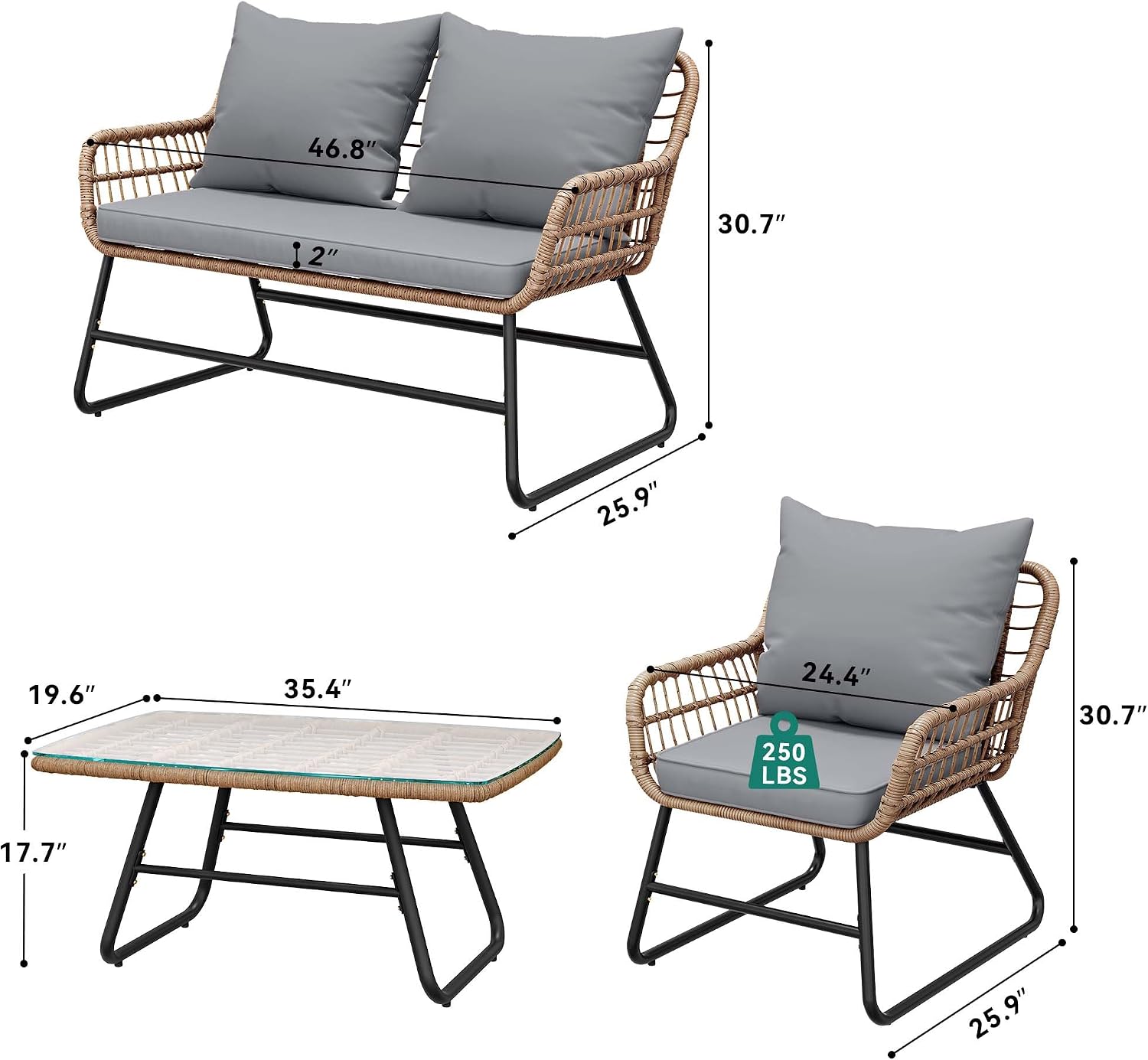 YITAHOME 4-Piece Patio Furniture Set, Wicker Outdoor Furniture Set with Cushions, Outdoor Table and Chairs for Balcony, Backyard, Deck, All-Weather Rattan Conversation Set, Light Gray