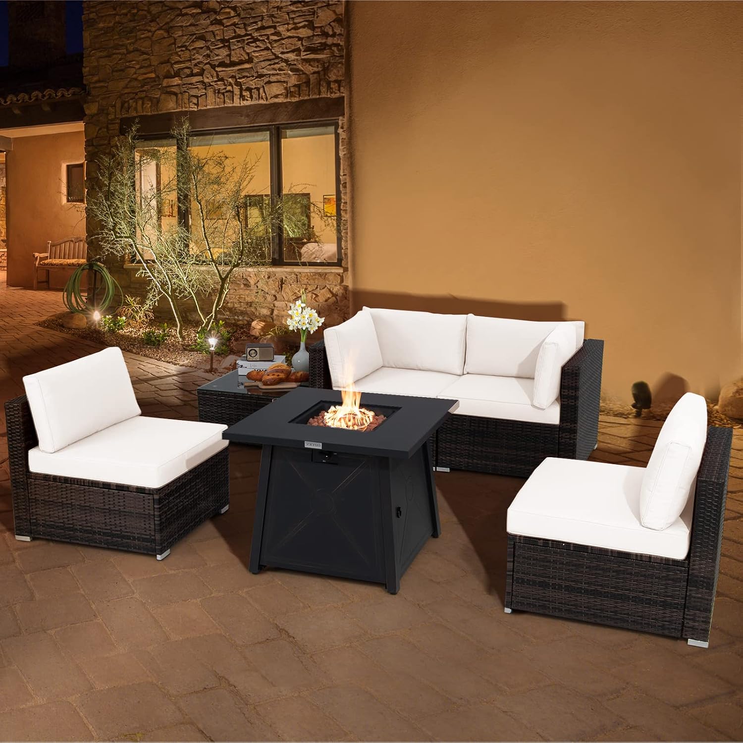 Tangkula 6-Piece Patio Furniture Set with 30' Propane Fire Pit Table, Outdoor PE Wicker Conversation Set with Cushions and Tempered Glass Coffee Table, Gas Fire Pit Table with 50,000 BTU (Off White)