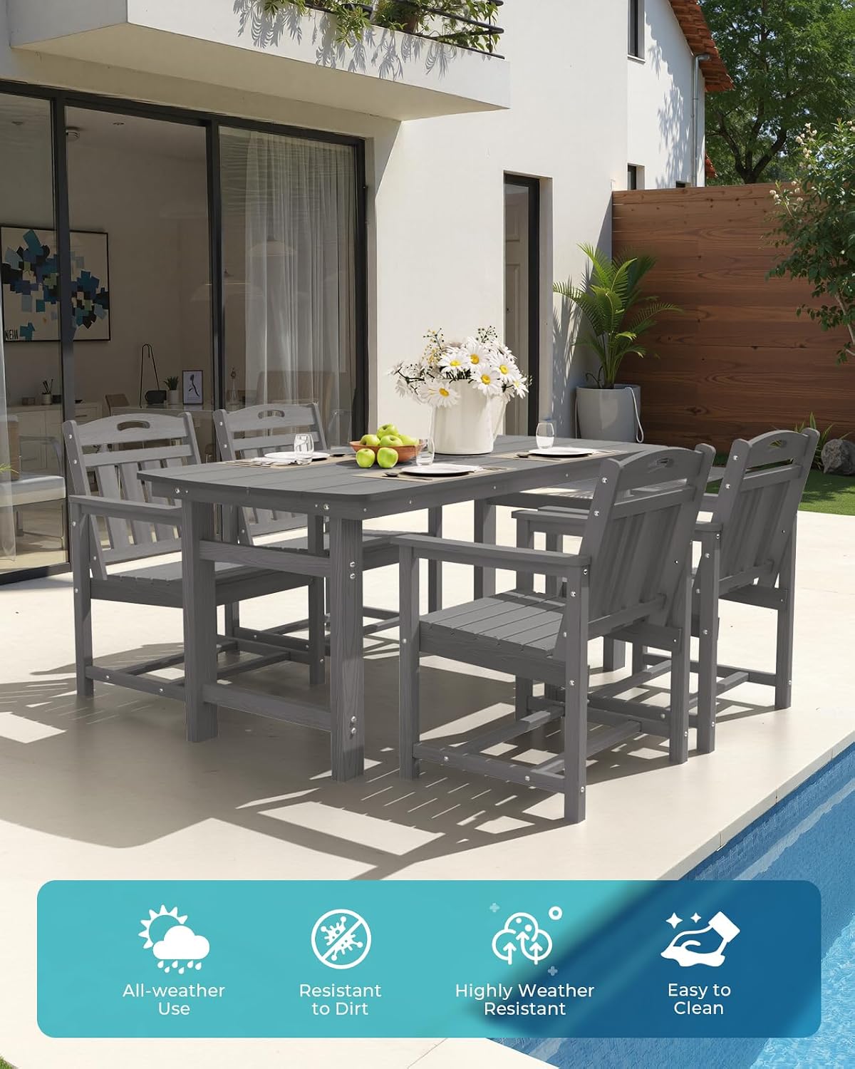 Ciokea HDPE Outdoor Patio Dining Chairs Set of 2, All-Weather Porch Chair with Wide Seat, Durable Outdoor Furniture for Backyard, Garden, Lawn & Poolside, Grey