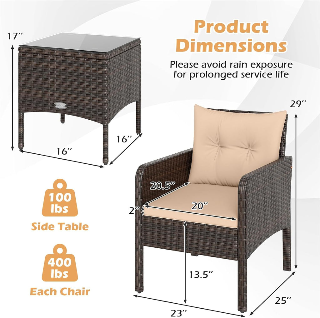 Tangkula 3 Pieces Patio PE Wicker Furniture Set, Outdoor Bistro Conversation Set with Cushions and Tempered Glass Coffee Table, Outside Rattan Table and Chairs for Porch (Beige)