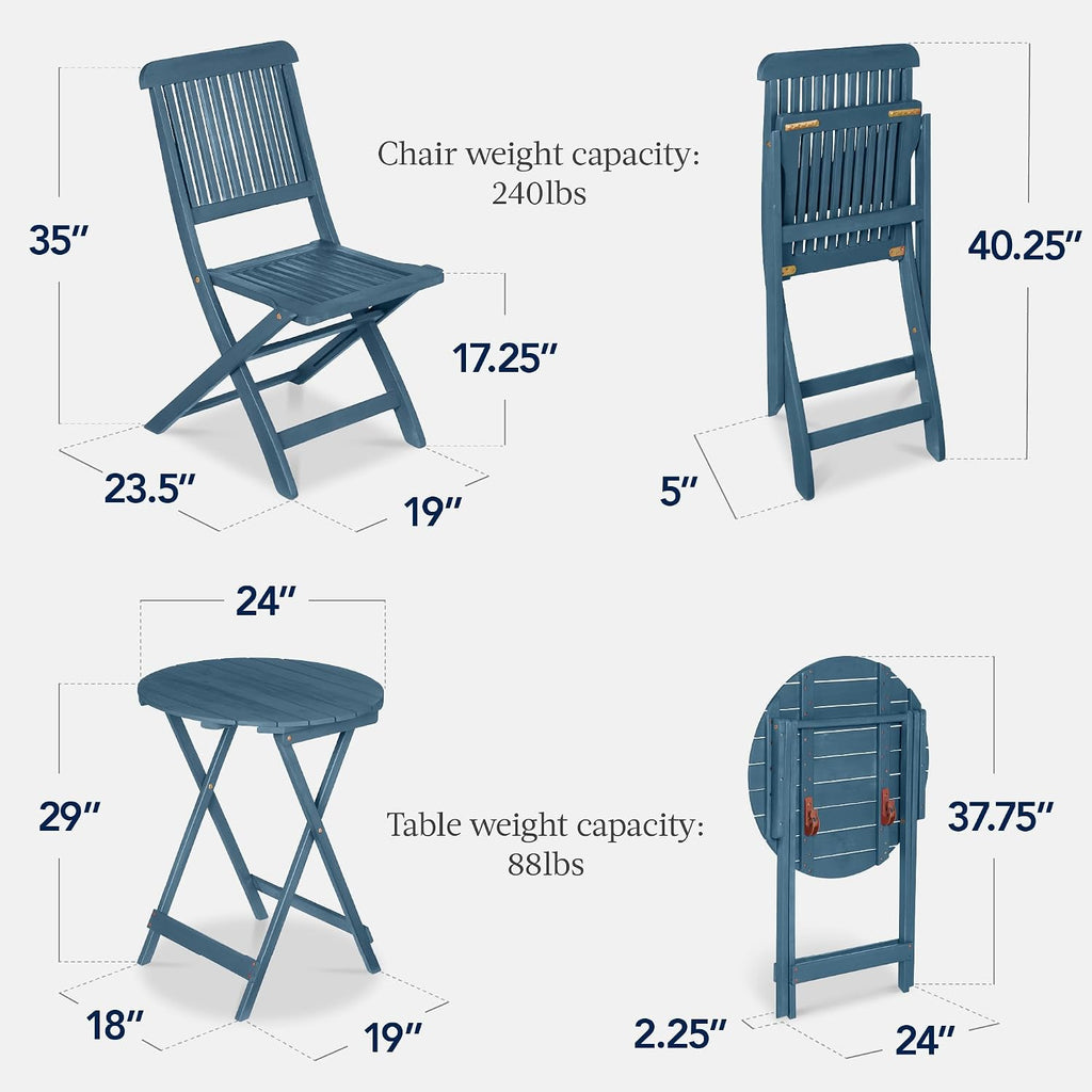 Best Choice Products 3-Piece Acacia Wood Bistro Set, Folding Patio Furniture for Backyard, Balcony, Deck w/ 2 Chairs, Round Coffee Table, Teak Finish - Slate Blue