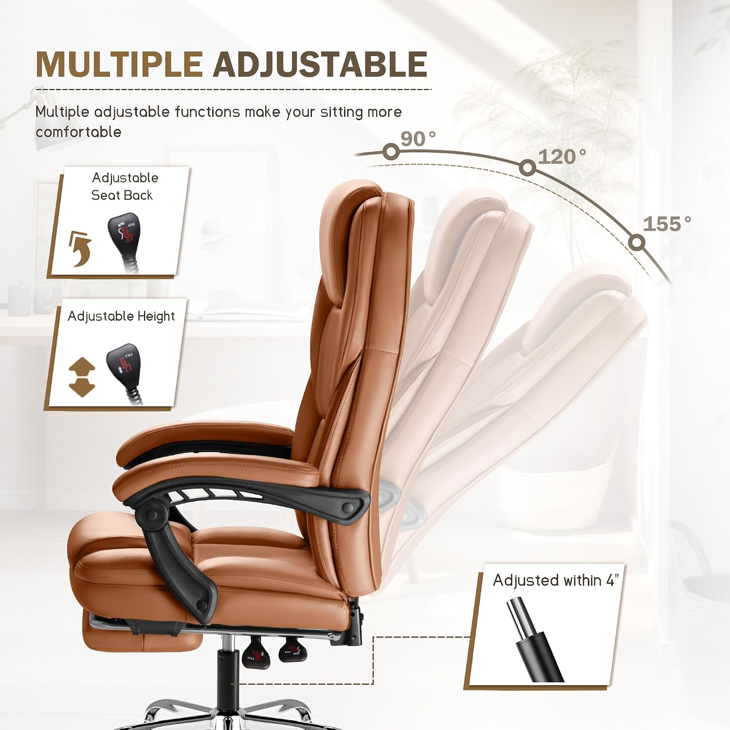 Furmax Executive Office Chair with Foot Rest Big and Tall Office Chair Ergonomic Home Office Desk Chairs Reclining High Back Leather Chair with Lumbar Support, 400LBS (Brown)
