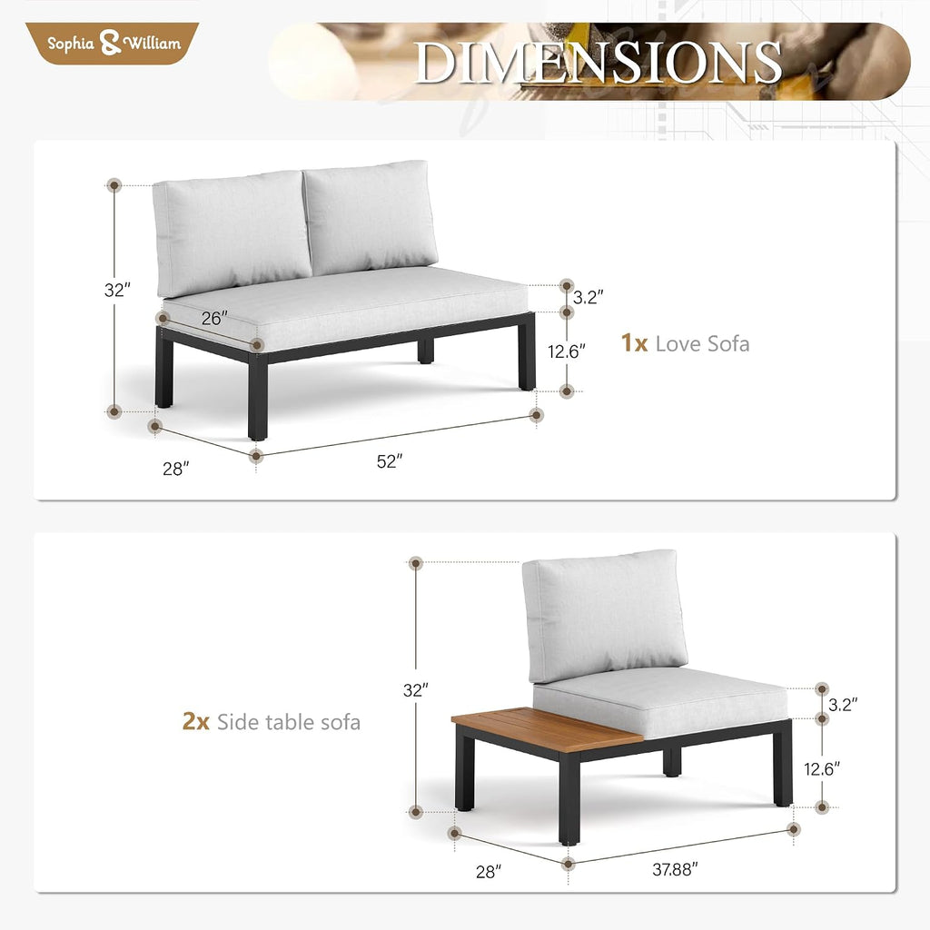 Sophia & William 3 Pieces Outdoor Patio Furniture Set, Metal Sectional Sofa Set Patio Conversation Set with Cushions-2 x Single Sofa with Side Table, 1 x Loveseat