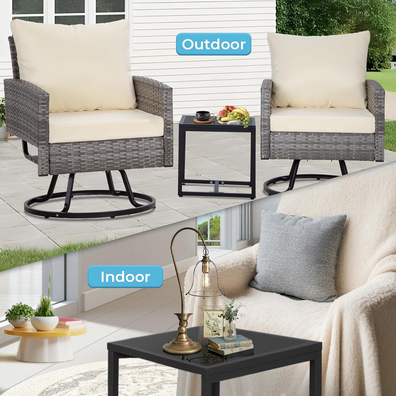 FHFO Outdoor Swivel Patio Chairs Set of 2, 3 Pieces Outdoor Wicker Apartment Balcony Furniture Sets with Thick Cushions,Rattan Table and Chairs Set of 2 Coffee Table for Porch Backyard-Beige