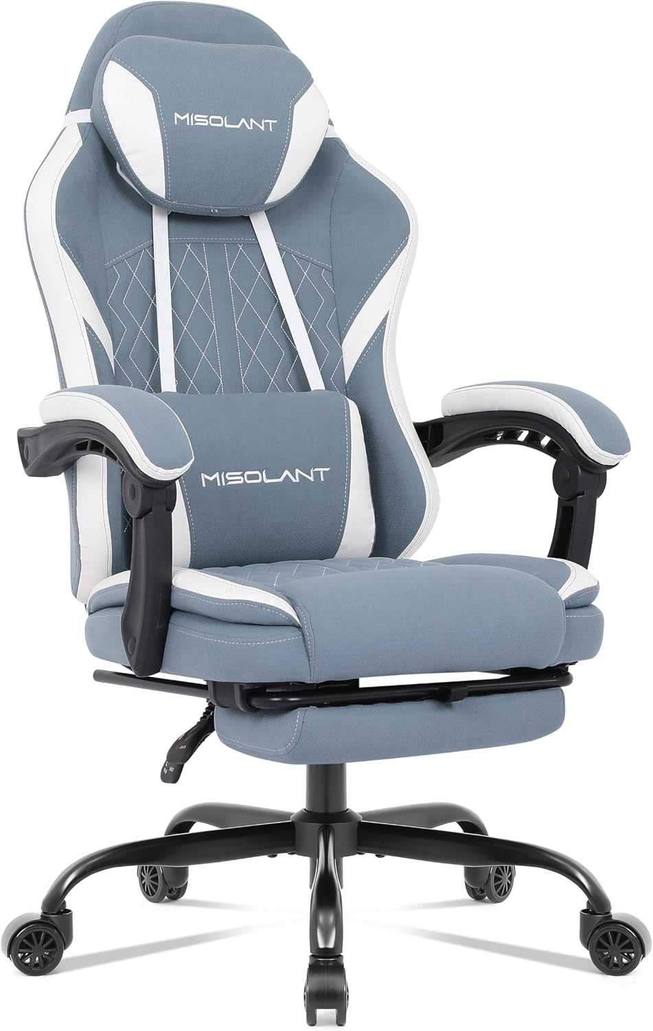 Misolant Gaming Chair, Fabric Gamer Chair with footrest for Adults, High Back Ergonomic Computer Game Chair with Adjustable Headrest and Massage Lumbar Support, 90-155° Recline Free, Blue