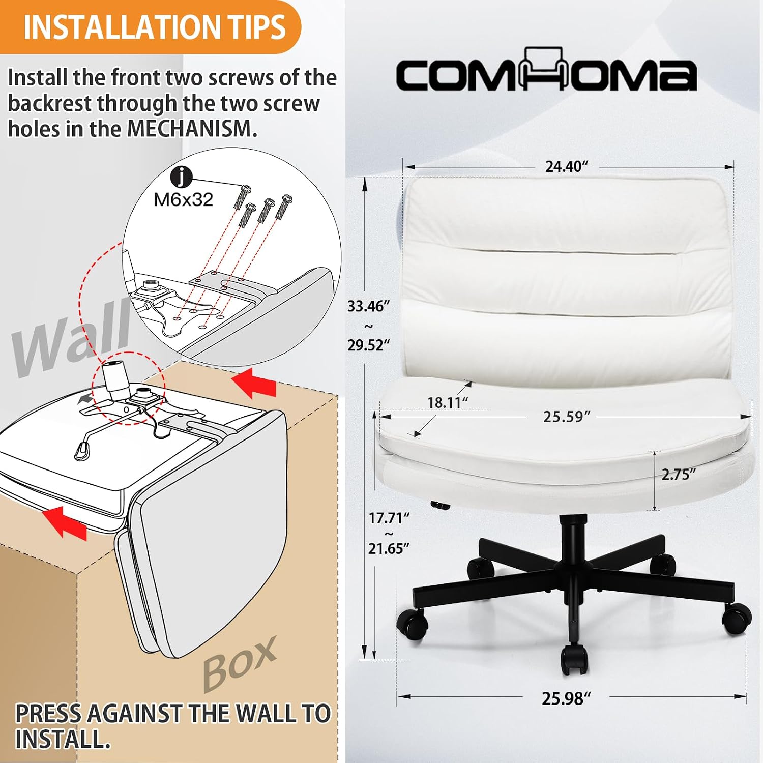 COMHOMA Cross Legged Office Chair with Wheels Armless-Office Desk Chair, Modern Vanity Computer Task Chairs for Home Bedroom, Comfortable Wide Seat for Lower Back Pain Relief, Soft Velvet, Beige