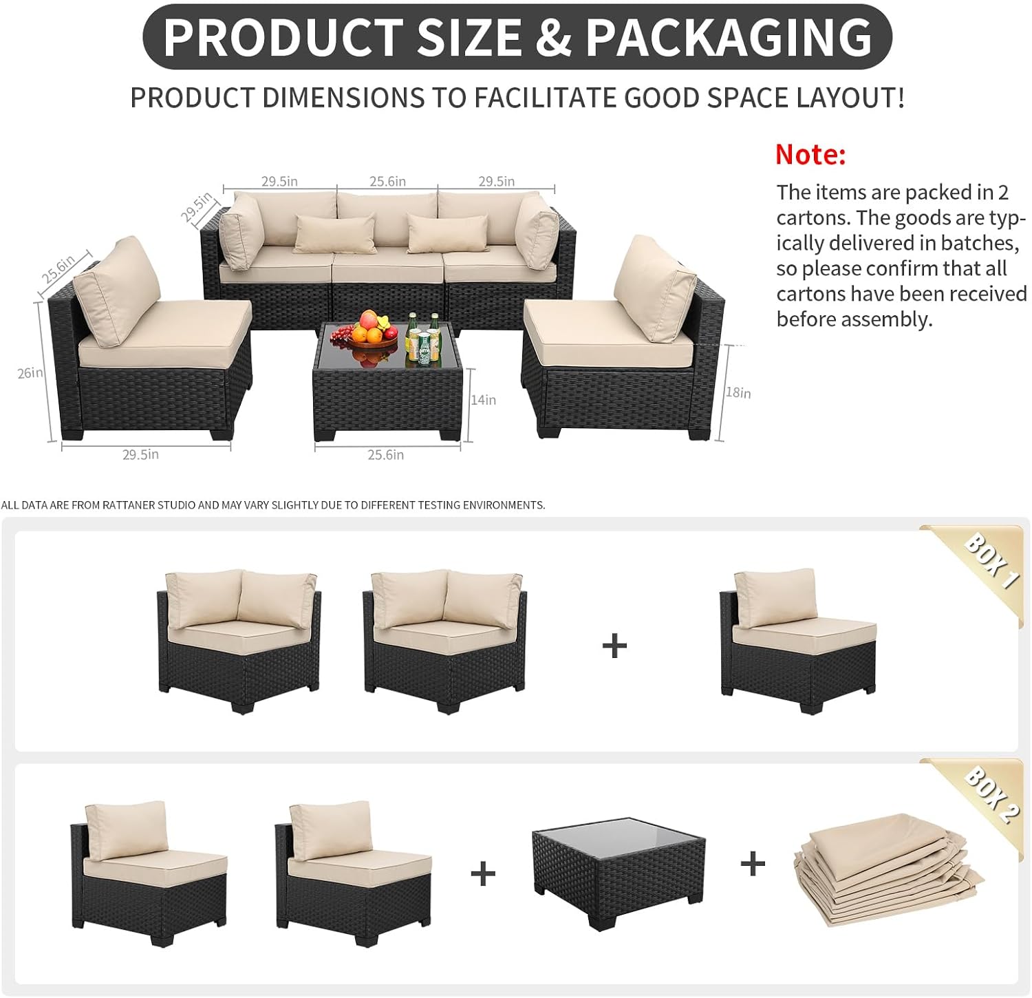 Rattaner Patio Sectional 6 Pieces All-Weather Wicker Patio Furniture Set Outdoor Sectional with Glass Table Non-Slip Cushions and Waterproof Cover, Khaki