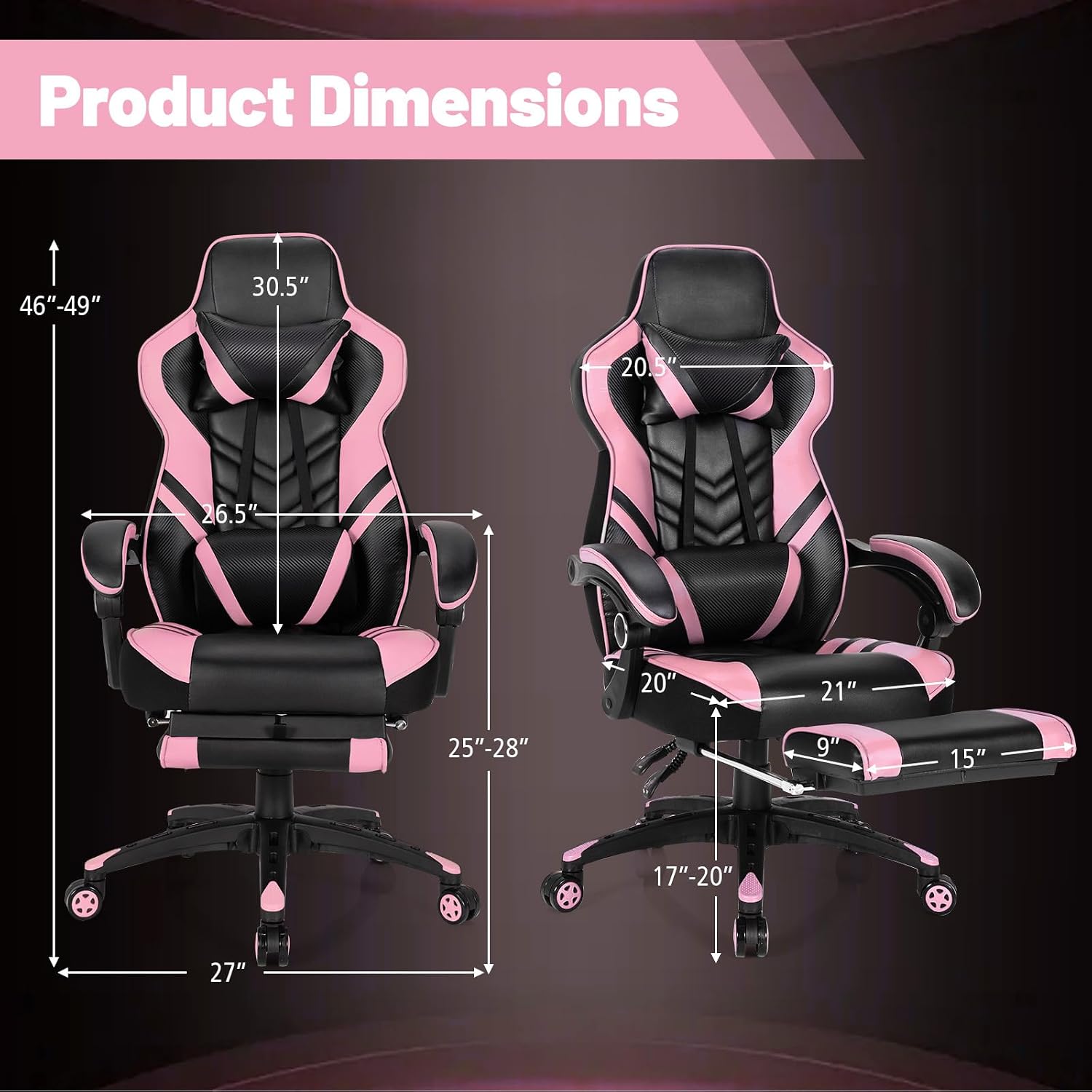Goplus Gaming Chair, Computer Chair with Footrest and Lumbar Support, Height Adjustable Executive Swivel Rolling Task Chair with 90°-155° Tilt Function (Pink)