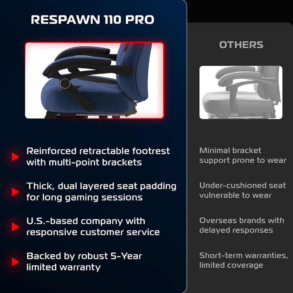 Respawn 110 Pro Ergonomic Gaming Chair with Footrest for Adults - Comfortable Office Gaming Recliner with Lumbar Support and Headrest, Racing Style Video Game Chairs for Computer Gamer - Blue Fabric