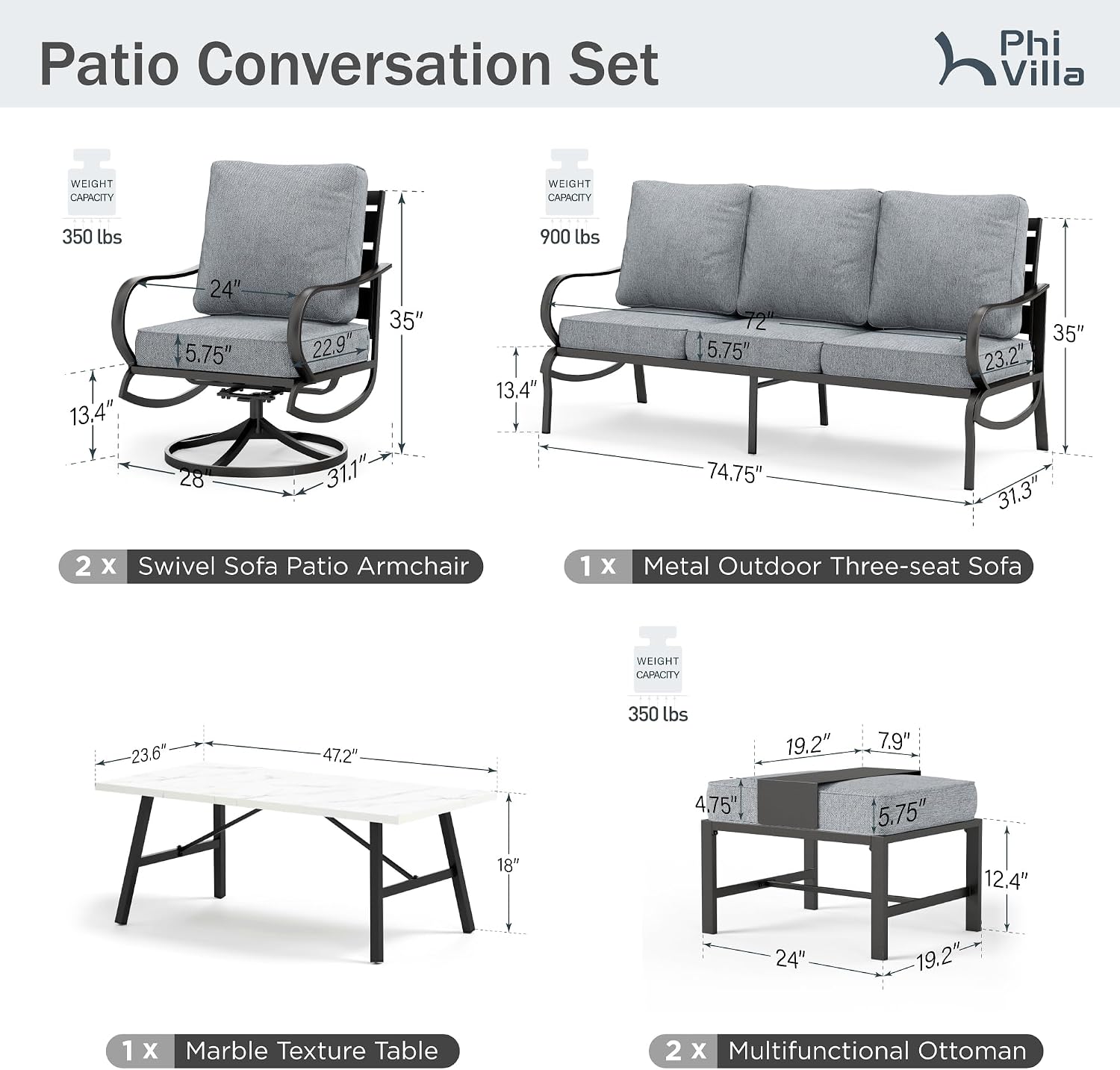 PHI VILLA 6 Piece Patio Furniture Sets with 1 x 3-Seat Deep Seating Bench, 2 x Cushioned Swivel Sofa Chairs, 1 x Coffee Table & 2 Ottoman, Outdoor Metal Conversation Set for Lawn Garden Yard,Grey