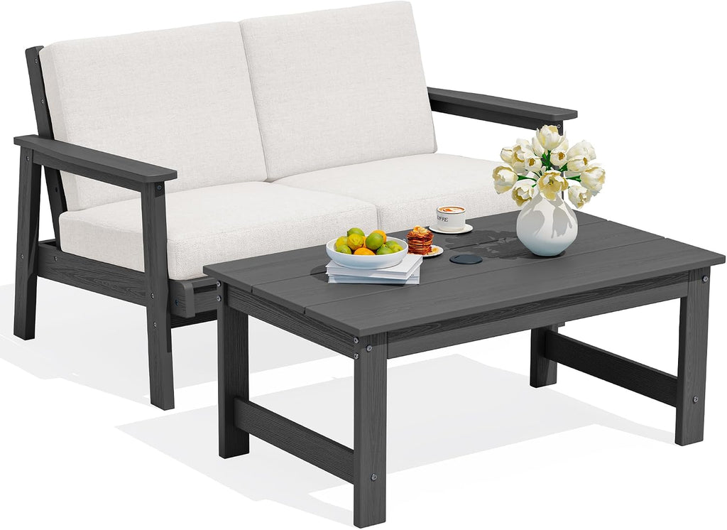 SERWALL Outdoor Loveseat, All-Weather HDPE Outdoor Furniture Set, Grey Frame and Khaki Cushion