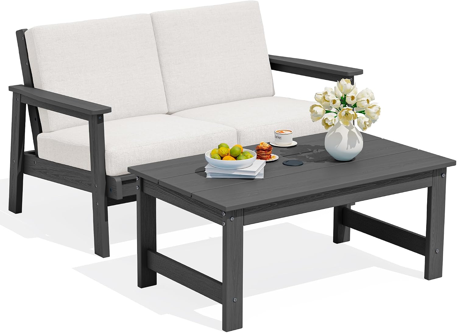 SERWALL Outdoor Loveseat, All-Weather HDPE Outdoor Furniture Set, Grey Frame and Khaki Cushion