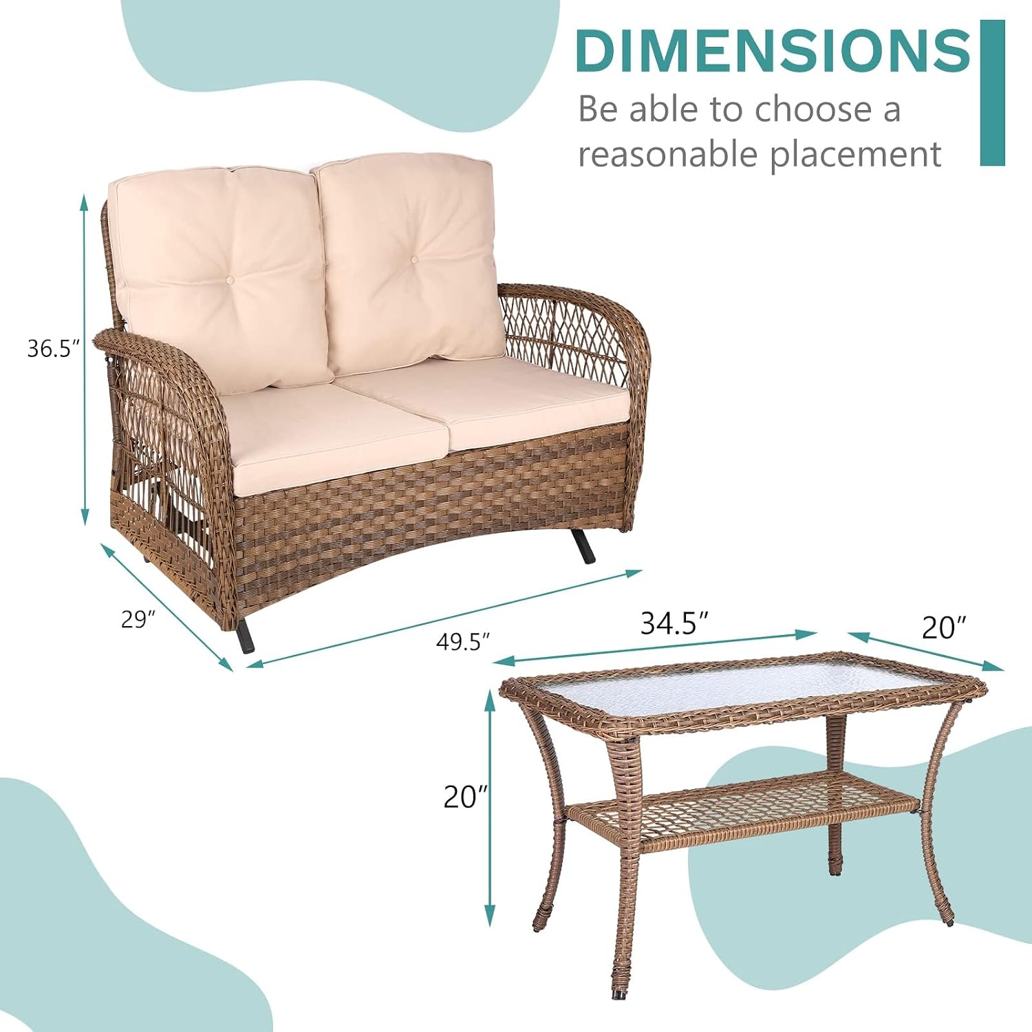 MEETWARM Outdoor Wicker Patio Glider Set, Loveseat for 2 Person Porch Furniture Glider with Glass-Top Coffee Table, Patio Glider Rocking Bench with Thickened Cushions, Brown