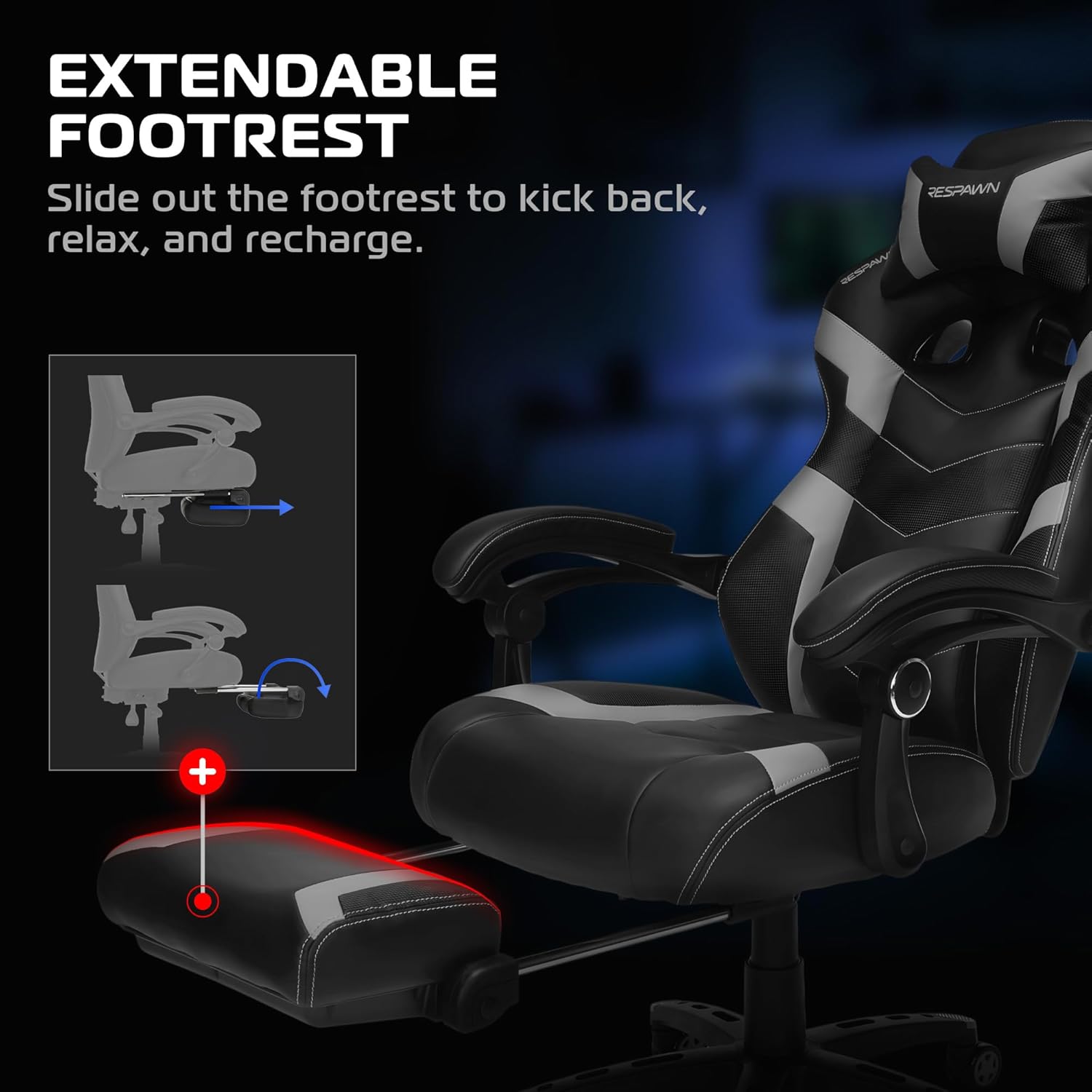 Respawn 110 Pro Ergonomic Gaming Chair with Footrest for Adults - Comfortable Office Gaming Recliner with Lumbar Support and Headrest, Racing Style Video Game Chairs for Computer Gamer - Gray