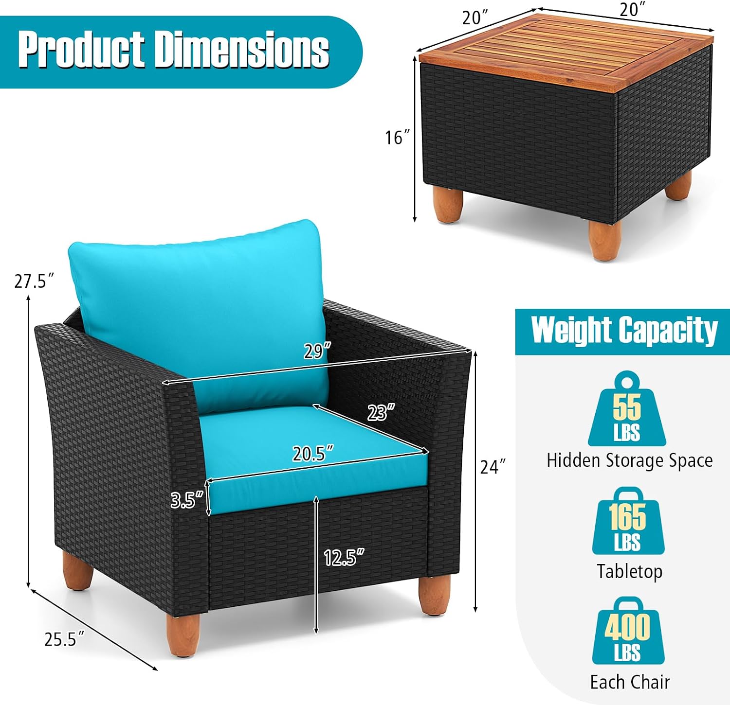Tangkula 3 Pieces Patio Porch Furniture Set, PE Rattan Wicker Chair Conversation Set with Cushions and Storage Table, Outdoor Acacia Wood Bistro Set for Garden, Poolside (Turquoise)