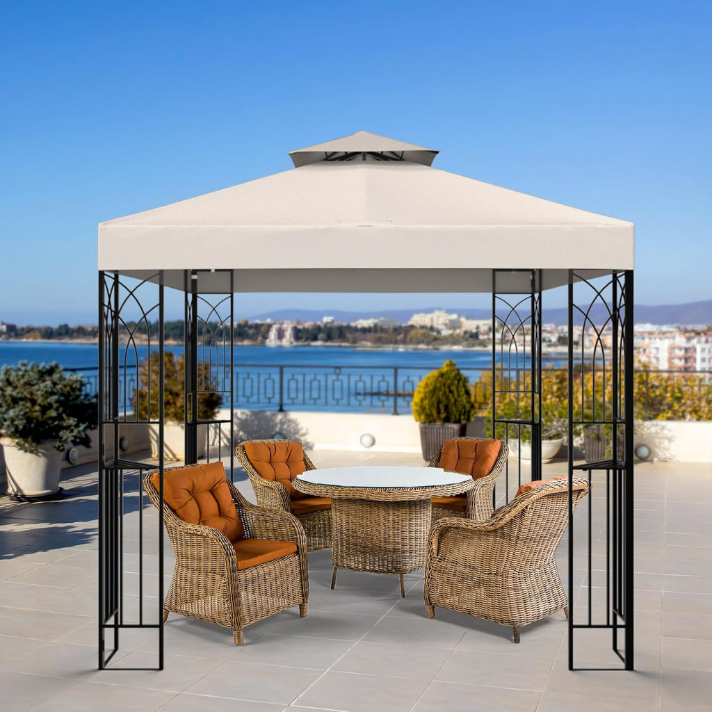 EAGLE PEAK Patio Gazebo 8x8 with Corner Shelves, Double Roof Outdoor Pavilion for Lawn, Deck, Garden and Backyard, Beige