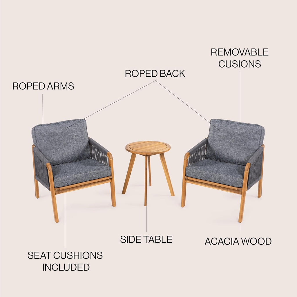 JONATHAN Y LVG1203B-3SET Aveiro 3-Piece Modern Bohemian Roped Acacia Wood Conversation Outdoor Patio Set with Cushions, Coastal, Contemporary, Transitional, Rustic, Cottage Gray/Teak Brown