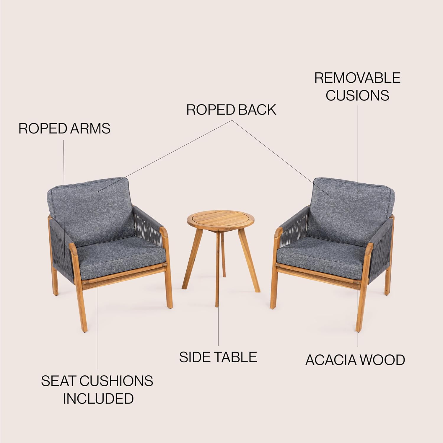 JONATHAN Y LVG1203B-3SET Aveiro 3-Piece Modern Bohemian Roped Acacia Wood Conversation Outdoor Patio Set with Cushions, Coastal, Contemporary, Transitional, Rustic, Cottage Gray/Teak Brown