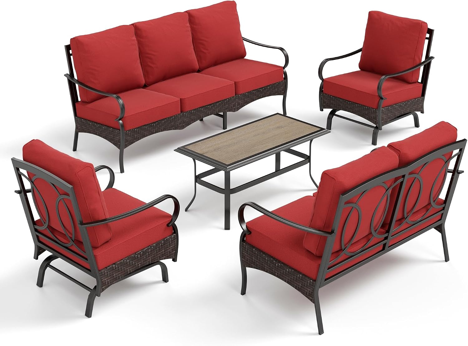 PHI VILLA Outdoor Modern Patio Furniture Set, Upgraded Wicker & Metal Patio Conversation Set with Waterproof Thick Cushions for Porch, Poolside, Yard(5 Pieces,Red)
