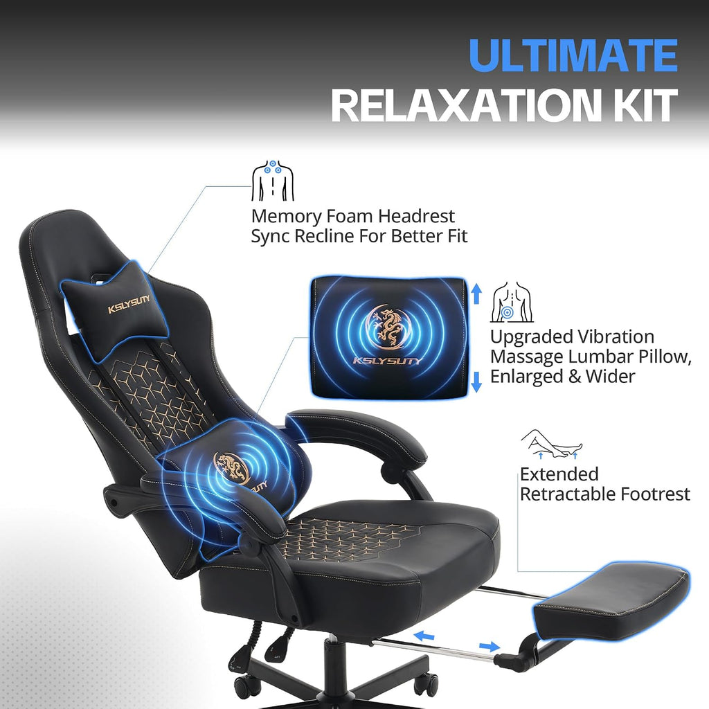Gaming Chair Breathable Leather with Pocket Spring Cushion, Wide and High Ergonomic Office Chair with Headrest, Computer Gaming Chair with Footrest for Adult and Teen (Black Leather)