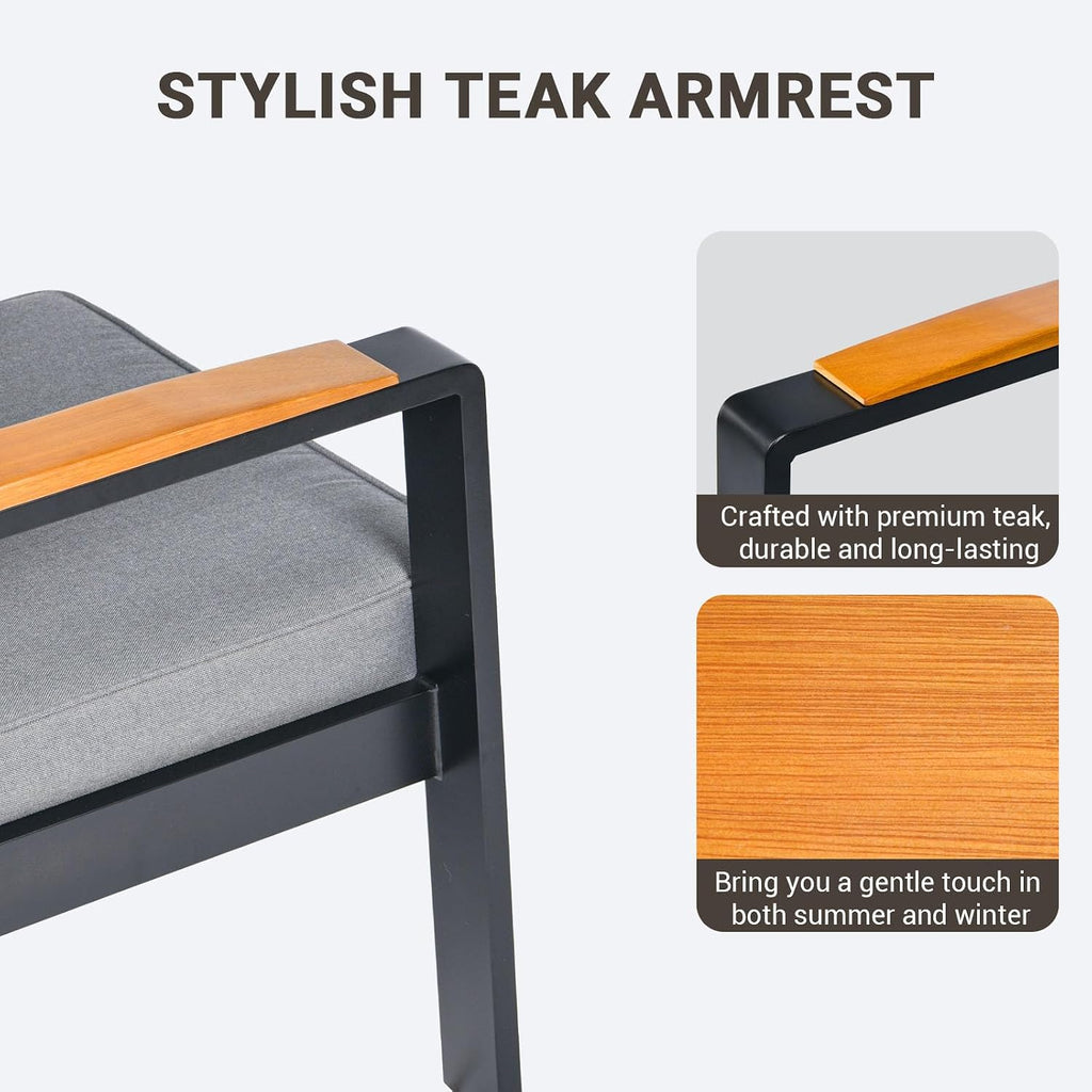 Outdoor Couch Aluminum Patio Furniture Set, All-Weather Metal 3-Seat Sofa with Solid Teak Armrest and Thick Cushions, Dark Gray
