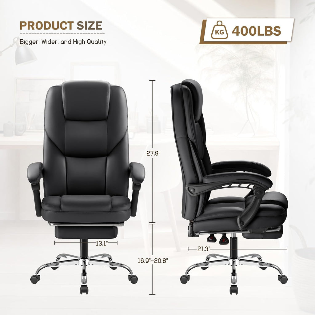Furmax Massage Office Chair with Foot Rest Executive Big and Tall Office Chair Ergonomic Home Office Desk Chairs, Reclining High Back Leather Chair with Lumbar Support, 400LBS (Black)