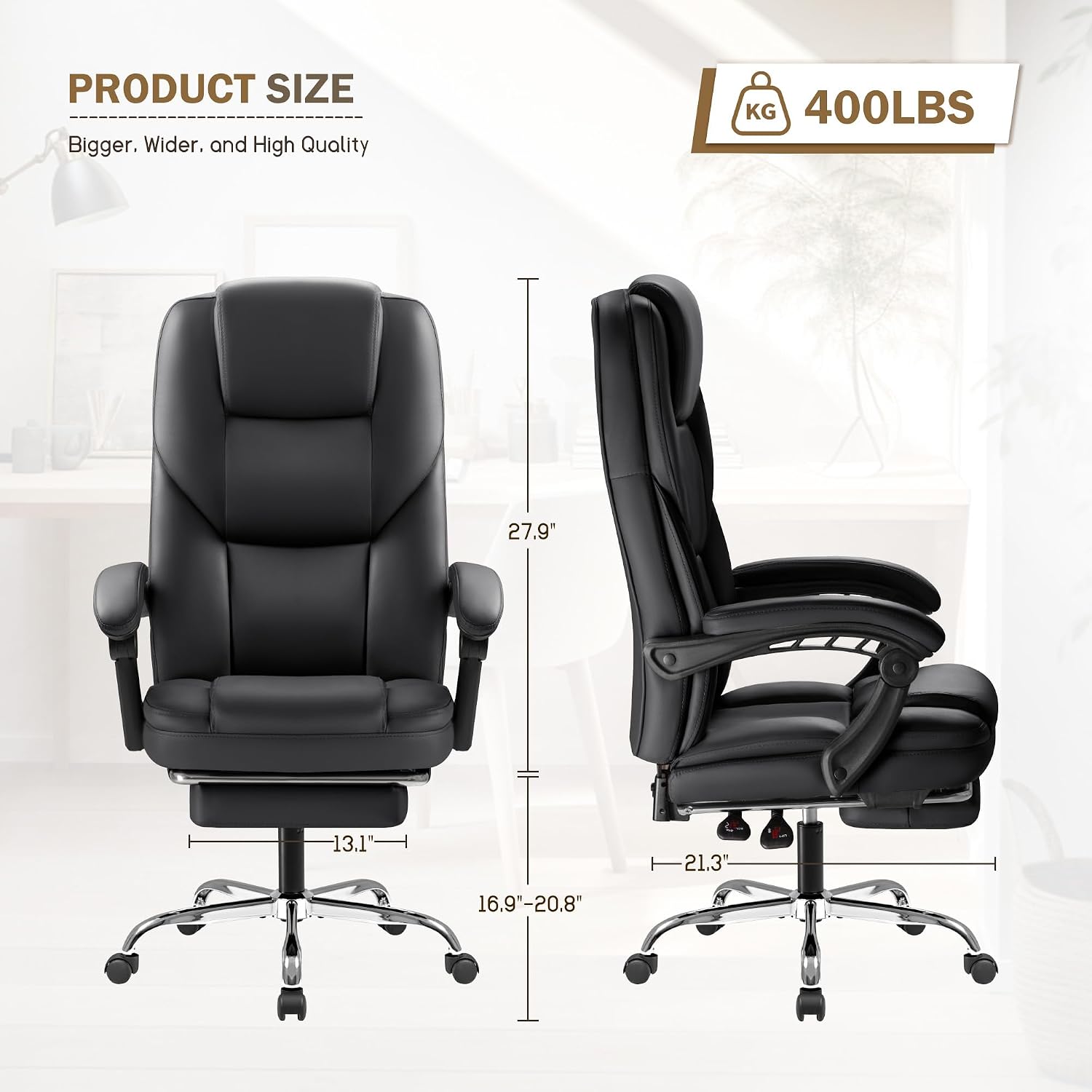 Furmax Massage Office Chair with Foot Rest Executive Big and Tall Office Chair Ergonomic Home Office Desk Chairs, Reclining High Back Leather Chair with Lumbar Support, 400LBS (Black)