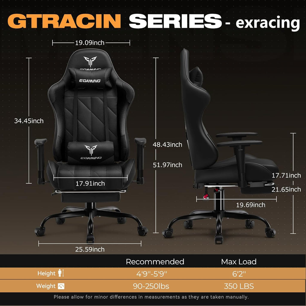 Gaming Chair with Footrest, Ergonomic High-Back PU Leather Computer Chair with 3D Adjustable Armrests, Headrest and Lumbar Support, Office Desk Chair with Diamond Stitching for Adults & Teen