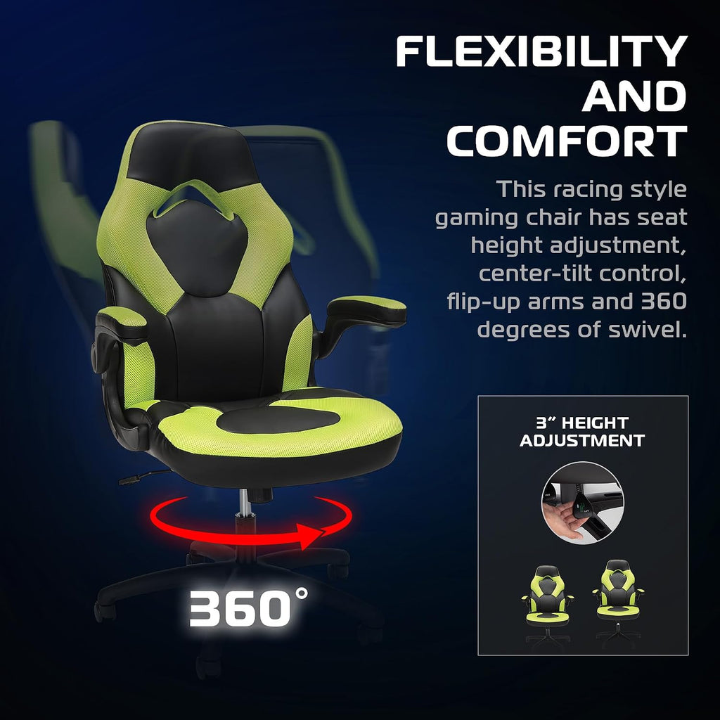 RESPAWN 3085 Ergonomic Gaming Chair for Adults, High Back Office Chair with Headrest and Flip Up Arms, Leather Racing Style Gaming Seat with Lumbar Support, Video Game Computer Desk Seat - Green