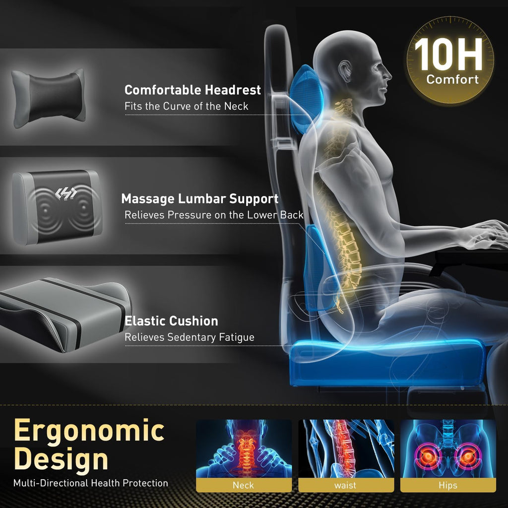HLDIRECT Gaming Chair, Ergonomic Video Game Seat with 360° Swivel & Lumbar Massage, Computer Chair PU Leather Cushion for Adults Home/Office Use (Black & Grey)