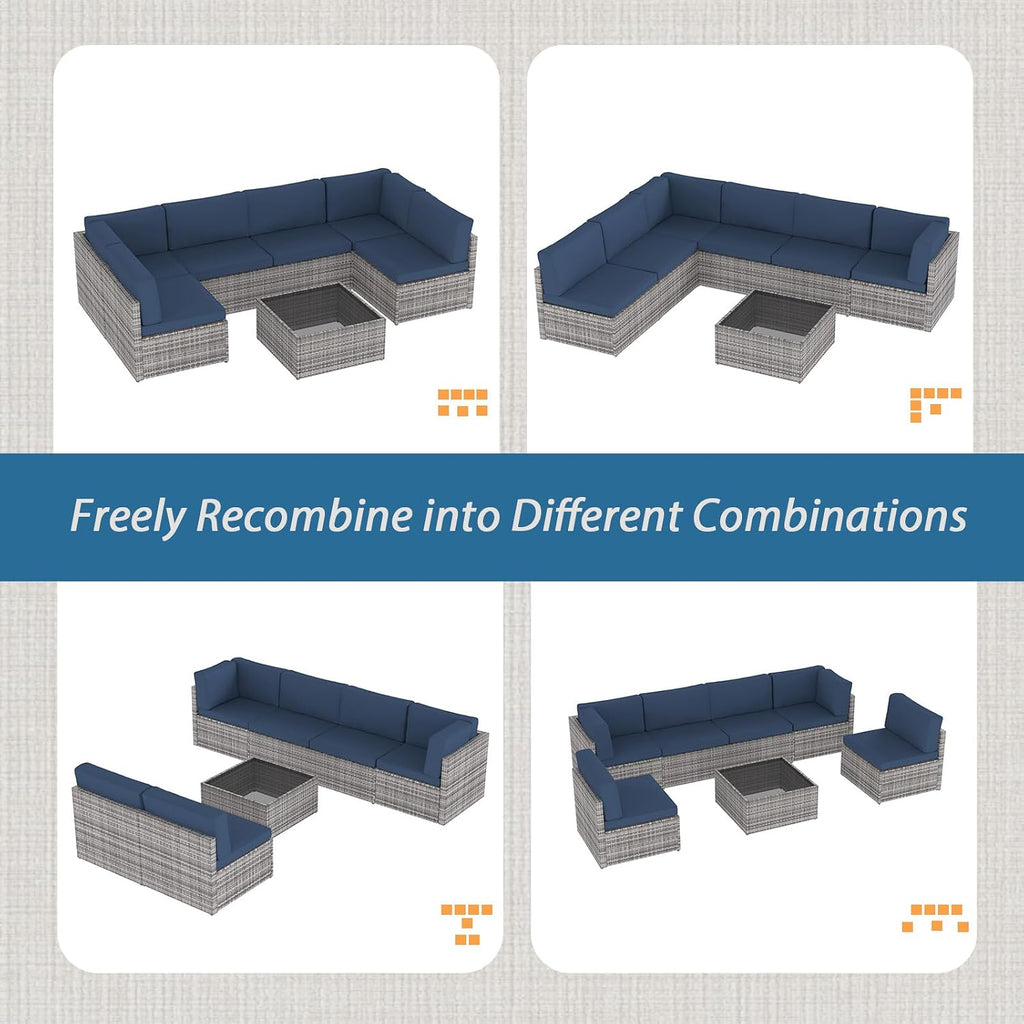 AECOJOY 7 Piece Outdoor Patio Furniture Set, Outdoor Sectional Conversation Furniture Chair with Coffee Table, Patio Sectional for Backyard, Garden(Navy Cushions and Grey PE Rattan)