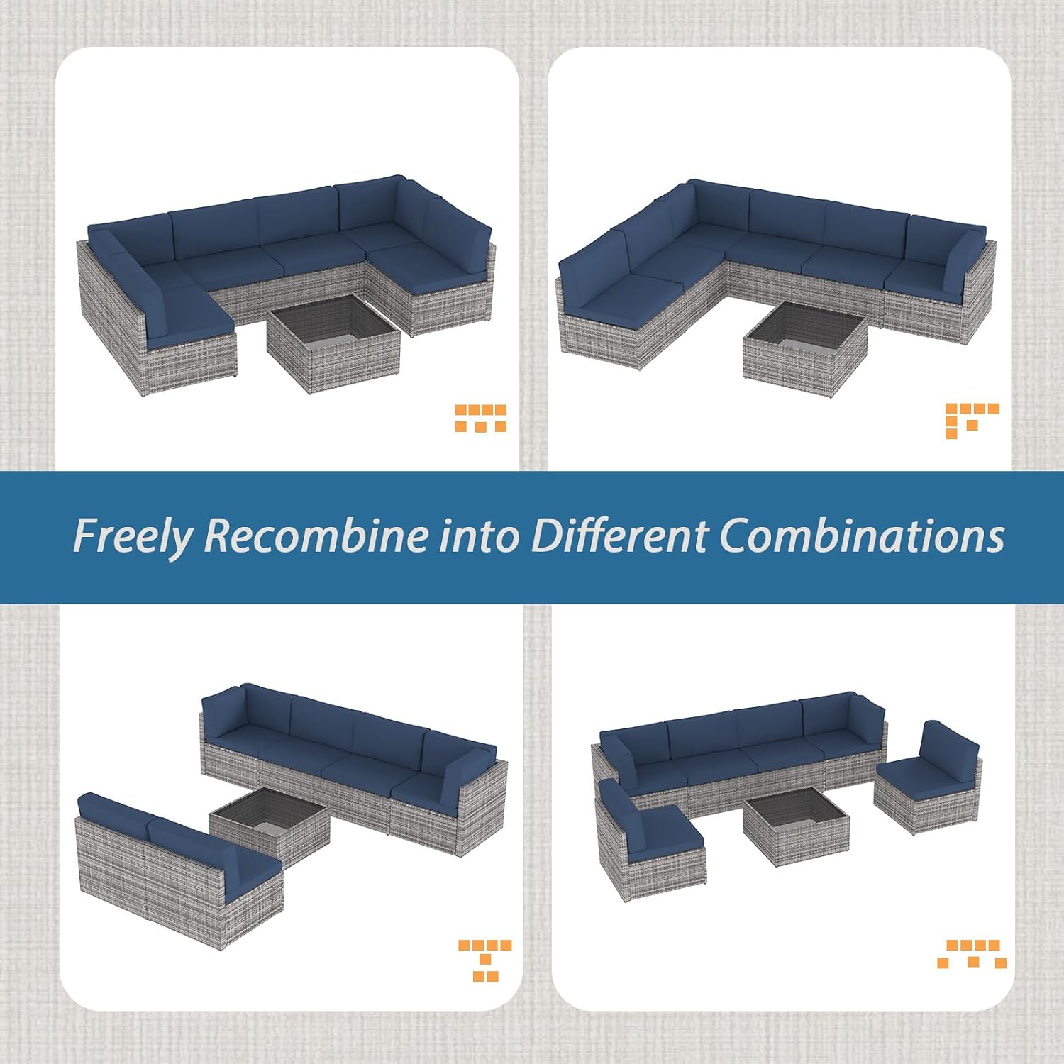 AECOJOY 7 Piece Outdoor Patio Furniture Set, Outdoor Sectional Conversation Furniture Chair with Coffee Table, Patio Sectional for Backyard, Garden(Navy Cushions and Grey PE Rattan)