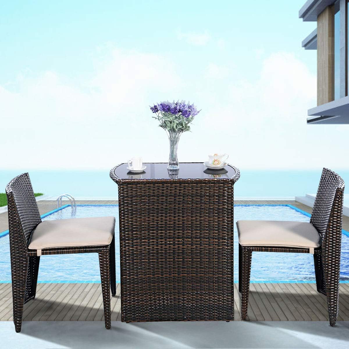 Giantex 3 PCS Cushioned Outdoor Wicker Patio Set Convention Bistro Set Garden Lawn Space Saving Conversation Sofa Furniture No Assembly (Brown)
