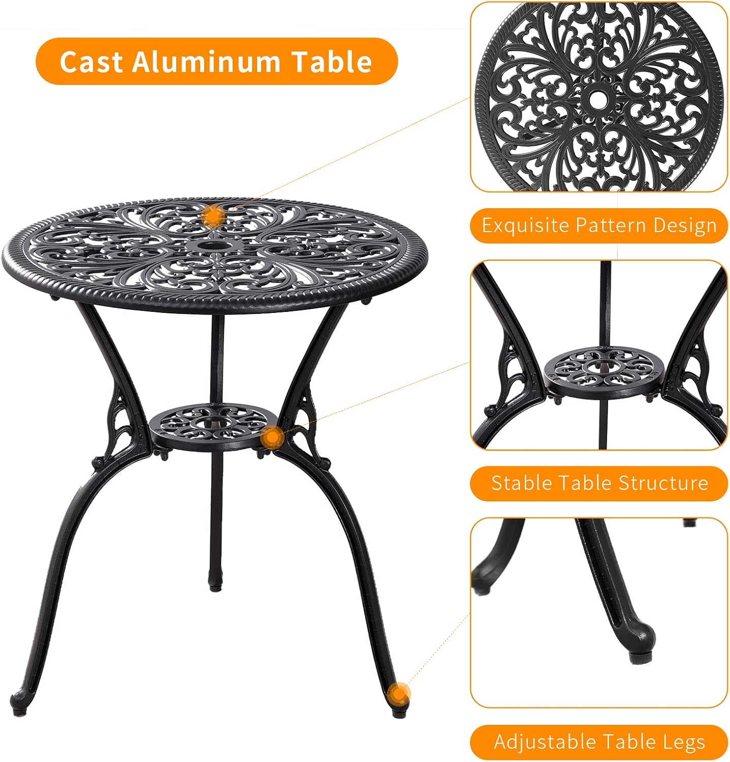 Outdoor Bistro Set 3 Piece Patio Bistro Set, Cast Aluminum Bistro Table and Chairs Set of 2, Small Patio Table Set for Porch, Black