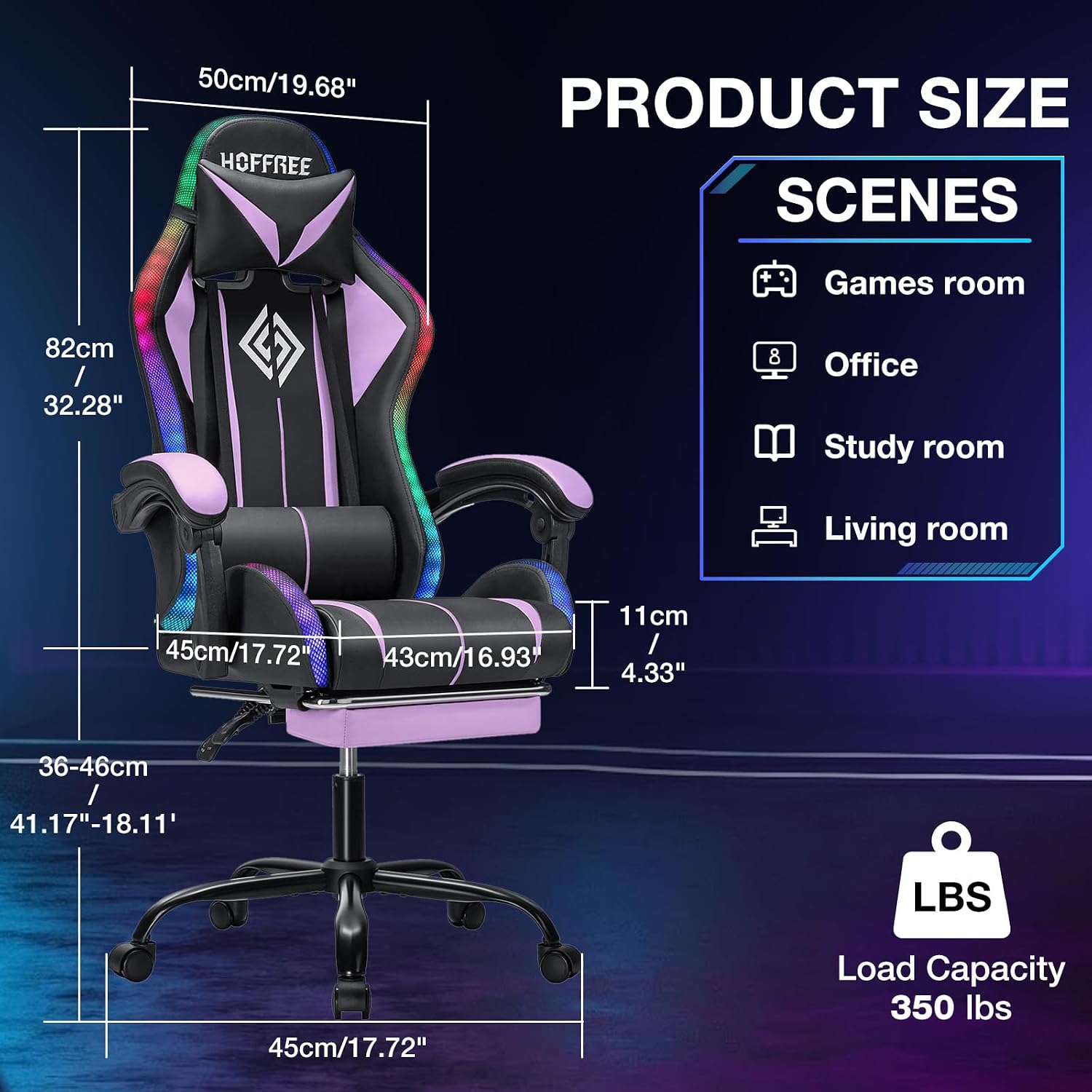 RGB Gaming Chair Massage with LED Lights Ergonomic Computer Gaming Chair with Footrest High Back Video Game Chairs with Adjustable Lumbar Support Purple and Black