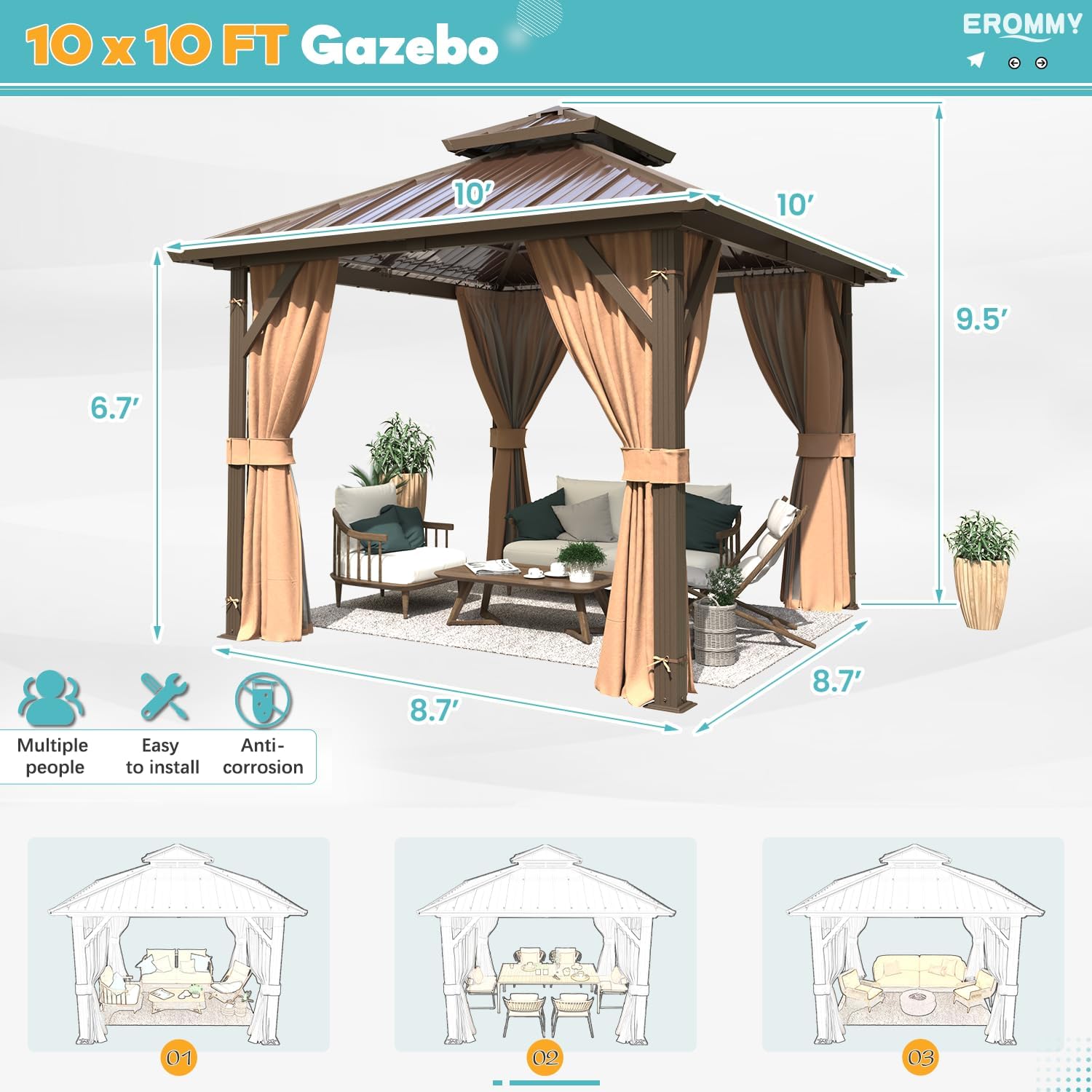 EROMMY 10'x10' Gazebo Hardtop, Galvanized Steel Double Roof Metal Gazebo with Aluminum Frame, Permanent Outdoor Pavilion with Curtain and Netting for Patio, Lawn and Garden, Brown