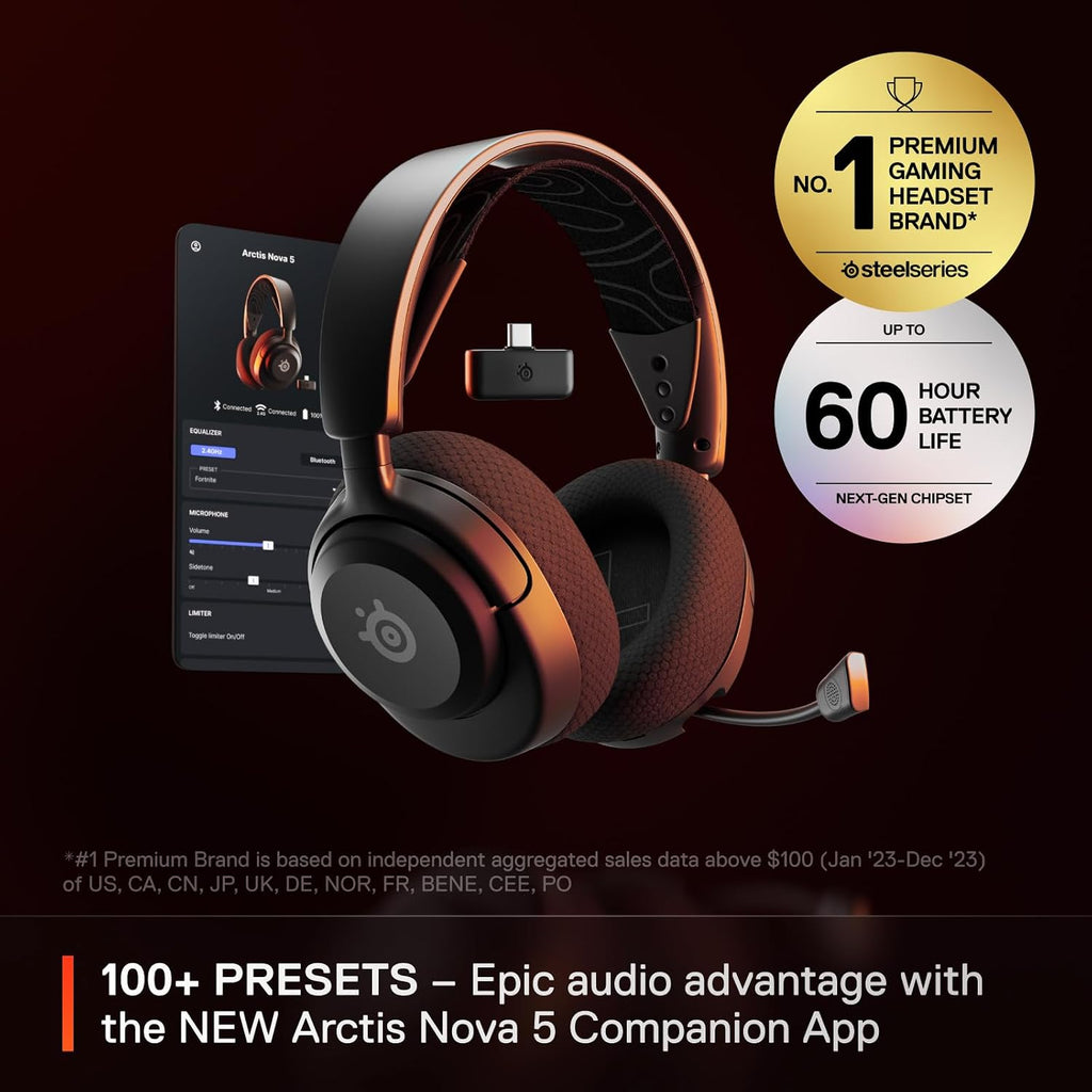 SteelSeries Arctis Nova 5 Wireless Multi-System Gaming Headset — Neodymium Magnetic Drivers — 100+ Audio Presets — 60 HR Battery — 2.4GHz or BT — ClearCast Gen2.X Mic — PC, PS5, PS4, Switch, Mobile