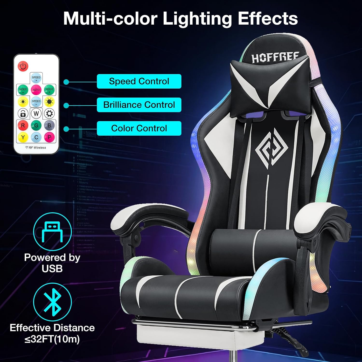 HOFFREE Gaming Chair Massage with LED RGB Lights and Footrest Ergonomic Computer Chair High Back Video Game Chair with Adjustable Lumbar Support Linkage Armrest White and Black