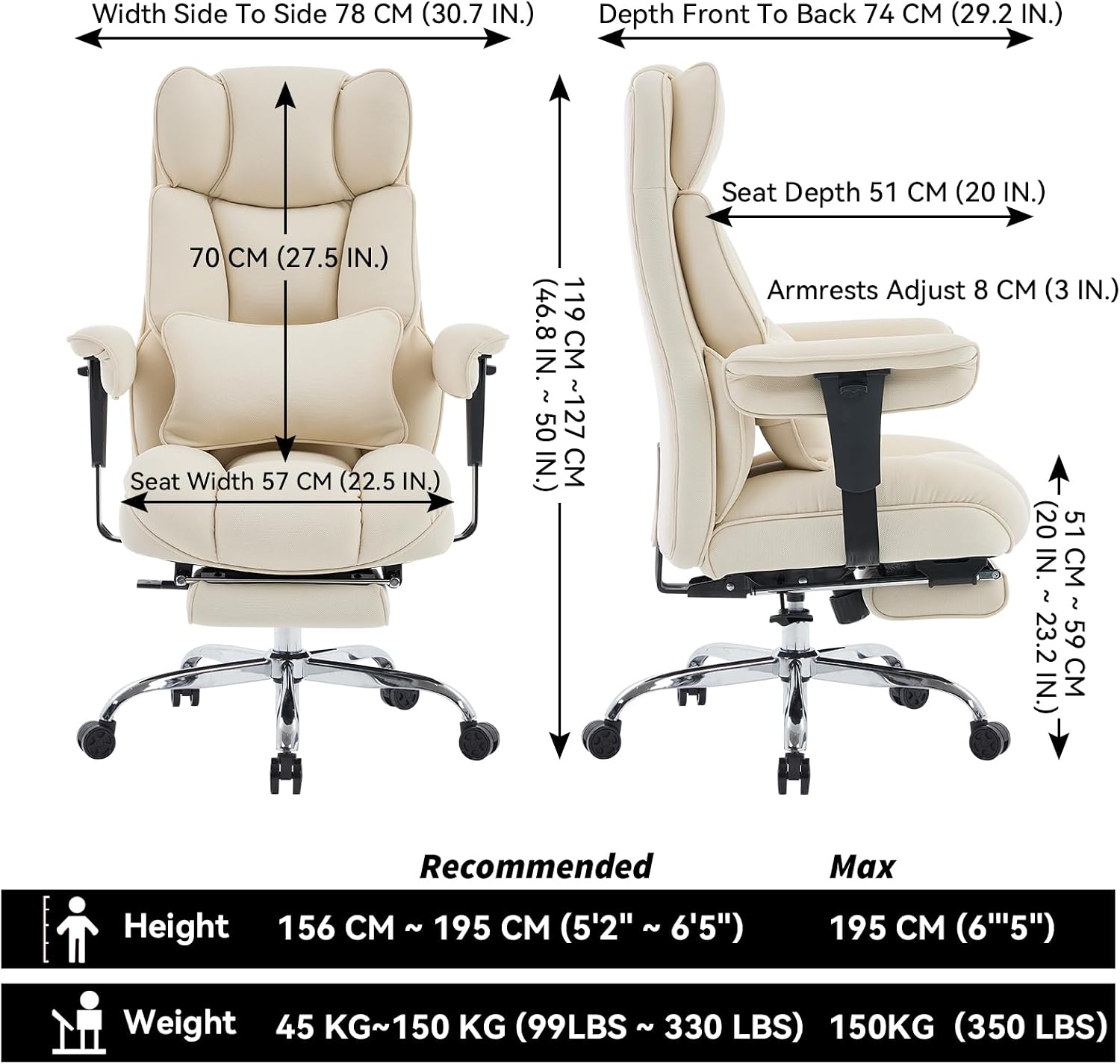 Efomao Big and Tall Office Chair with Footrest - Breathable Mesh Executive Chair, Heavy Duty Computer Desk Chair for Home Office, Ergonomic Lumbar Support & Reclining Mesh Gaming Chair, Beige